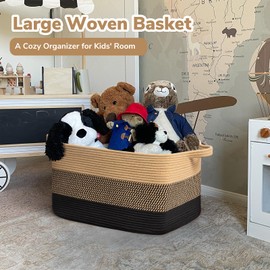 Goodpick Woven Blanket Basket, 21.6" x 14.9" x 11.8" Wicker Laundry Basket for Clothes, Storage Baskets for Organizing, Rectangle Rope Large Baskets for Storage, Black Jute