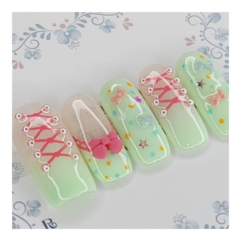 Mint Corset Handmade Nail Tips - Coffin Egg / 민트
