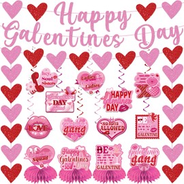 53pcs Galentines Day Decorations Set Include No-DIY Pink Red Glitter Happy Galentines Day Banner Heart Garland Hanging Swirls Honeycomb Centerpieces for Home Office Galentine’s Party Decor Supplies