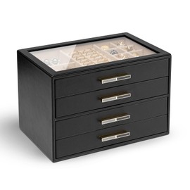Vlando 4-Drawer Jewelry Box with Glass Lid, Faux Leather Organizer for Rings, Earrings, Necklaces and More, Gift-Ready Jewelry Case for Women Girls or Moms, Black