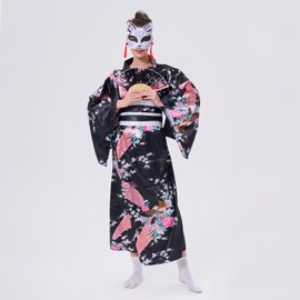 CRFASIBE Women's Long Kimono Robe Satin Bathrobe 5 Pieces Japanese Traditional Dress Costume Set Peacock Kimono Photography Cosplay Costume, black
