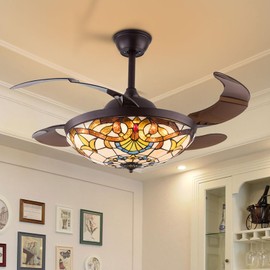 42 Inch Tiffany Style Invisible Ceiling Fan with Lights and Remote Control,Retractable Reverse Blades 6 Speeds 3 Light Changes Fandelier Chandelier Fan,Quiet Motor,Indoor Ceiling Lighting Fixture