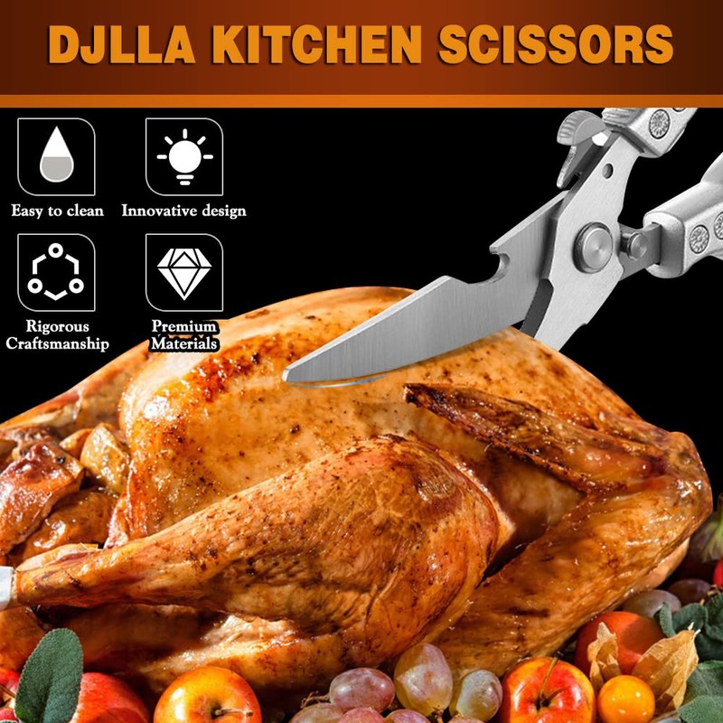 DJLLA Poultry Scissors Kitchen Scissors Silver Stainless Steel Multi-Purpose Scissors
