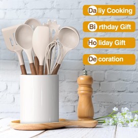 8-Teiliges Küchenhelfer Set, Silikon Küchenutensilien Kochlöffel Set mit Holzgriff und Loch für Kochen und Backen, Antihaft Hitzebeständiges Küchenhelfer, Schneebesen, Spatel (Khaki)