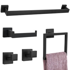 Woekme 5 Pieces Towel Bar Set Matte Black Bathroom Hardware Accessories Set Include Towel Rack TP Holder Towel Ring Coat Hooks Stainless Steel Wall Mounted Towel Holder Set for Bathroom,23.6 in