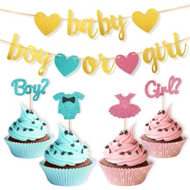 Gender Reveal Party Decorations Baby Shower Glitter Letters Baby and Boy or Girl Banner 24PCS Gender Reveal Cupcake Toppers