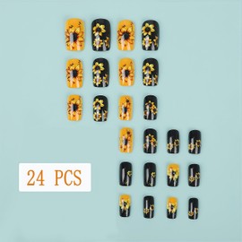 24Pcs Black Press on Nails Medium Coffin Spring with Cute Sunflower Design Glossy Fake Nails Full Cover Orange Sunflower Acrylic Nail Art Kit for Women Girls DIY Manicure Decorations