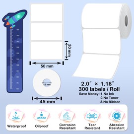 [300 Labels/Roll x 3] 50mm x 30mm Thermal Labels, 1.97''x1.18'' Label Maker Tape Refill, Weatherproof & Tear-Resistant Thermal Stickers Compatible for Phomemo M110, Supvan T50M Pro (White)