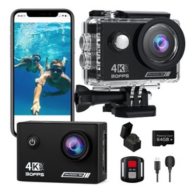 Action Camera 4K30fps with 64G SD Card,HD Waterproof Camera 131ft Underwater Cameras 20MP Pre-recording WiFi Camera 170° Remote Control Sports Cameras with 2 Batteries Helmet Mount Accessories Kits