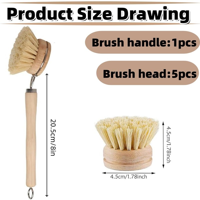 1PCS Bamboo Brush Handle and 5PCS Replacement Heads, Natural Sisal