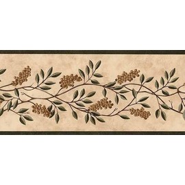 CONCORD WALLCOVERINGS ™ Wallpaper Border Vintage Pattern Wild Berries Twigs Vine for Kitchen Cottage, Beige Brown, 15 ft by 5 in GG54182B
