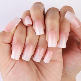 Tyuimhx White Gradient Press on Nails Medium Square Fake Nails White Ombre False Nails Glossy Full Cover Stick on Nails Acrylic Reusable Artificial Nails for Women Glue on Nails 24 Pcs