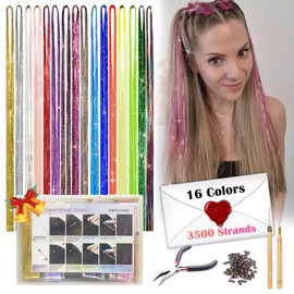 ARTICHIC Hair Tinsel Kit,16 Colors 48 In Tinsel Hair Extensions,Fairy Hair Tinsel 3500 Strands Glitter Hair,Heat Resistant Shiny Fairy Hair Tinsel for Women,Girl for Birthday Christmas New Year Party