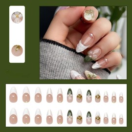 24 Pcs French White Green Press on Nails Medium Length Almond ZIFANHU Fake Nails Press ons 3D Ripple Flower Texture Glue on Nails Full Cover Acrylic False Nails Gold Diamond Stick on Nails for Women
