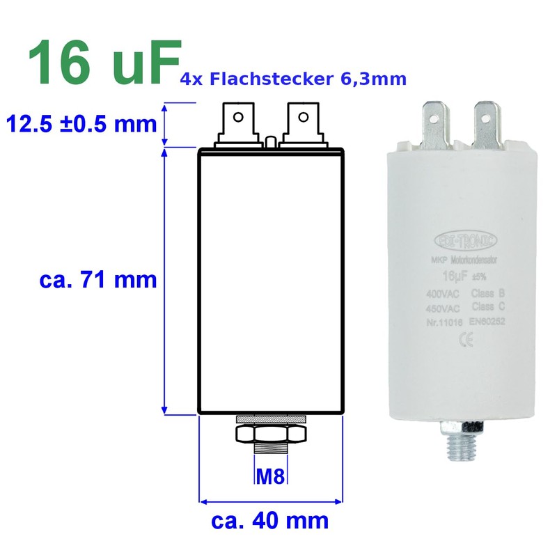 Starting Capacitor, Motor Capacitor, Working Capacitor MKP 16 μF, 450