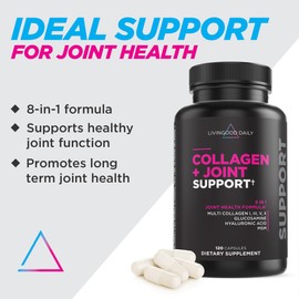 Livingood Daily Collagen + Joint Support, Grass Fed Multi Collagen Peptides I III V X with Hyaluronic Acid, Joint Support Supplement for Women & Men, Hair Skin Nails, Keto & Gluten Free, 120 Capsules