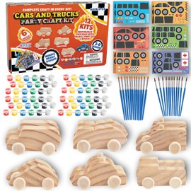 Kids Party Wood Painting Craft Kits (12ct) 3-D Cars - Each Kit Has its Own Brush, Paint, & Figure- 6 Designs Include Taxi, Trucks & More w Bonus Customizable Sticker Decals- Summer Camp Party Activity
