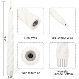AFINETH Flameless Taper Candles with 3D Wick, 9.6" Real Wax LED Candles with Remote and Timer, 6 Pack Flickering Candlesticks Battery Operated, Spiral Taper Candles for Home, Wedding, Party, White