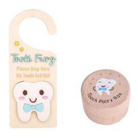 Tooth Fairy Door Hanger - Blue Wooden Tooth Fairy Money Holder Box for Lost Tooth, Cute 3D White Tooth Keepsake Cartoon Image.