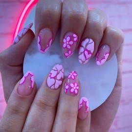 Valentine's Day Press on Nails Pink Heart French Tips Oval Glossy Full Cover Artificial False Nails with Love Heart Flower Designs Reusable Acrylic Fake Nails with Glue Stick on Fingernails for Women