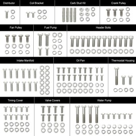 Stainless Steel Small Block Engine Hex Bolt Kit Compatible with Chevy 265 283 305 327 350 400 (211 Nuts Bolts)