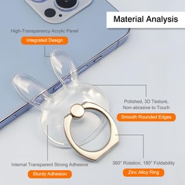 [2 Pack] Transparent Finger Ring Cell Phone Ring Holder Stand,360 Degree Rotation and 180 Degree Adjustable Finger Ring Kickstand with Polished Electroplated Phone Grip-Bunny