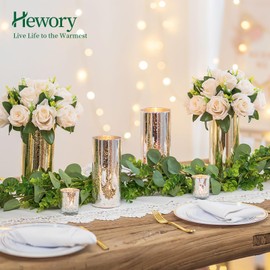 Glass Cylinder Vases Set of 24, Hewory Glittery Gold Vase for Centerpieces, Glass Hurricane Candle Holders for Pillar Floating Candle, Tall Round Vase for Wedding Anniversary Events Home Table Decor