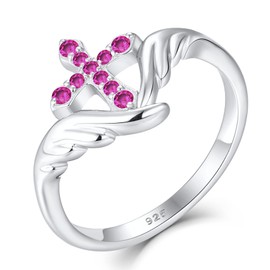 Starchenie Cross Ring 925 Sterling Silver Angel Wings Ring for Women July Ruby Size7