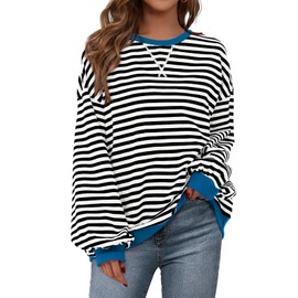PRETTYGARDEN Womens Striped Oversized Sweatshirt Color Block Crew Neck Long Sleeve Casual Loose Pullover Top Y2K Clothes (Black White, Large)