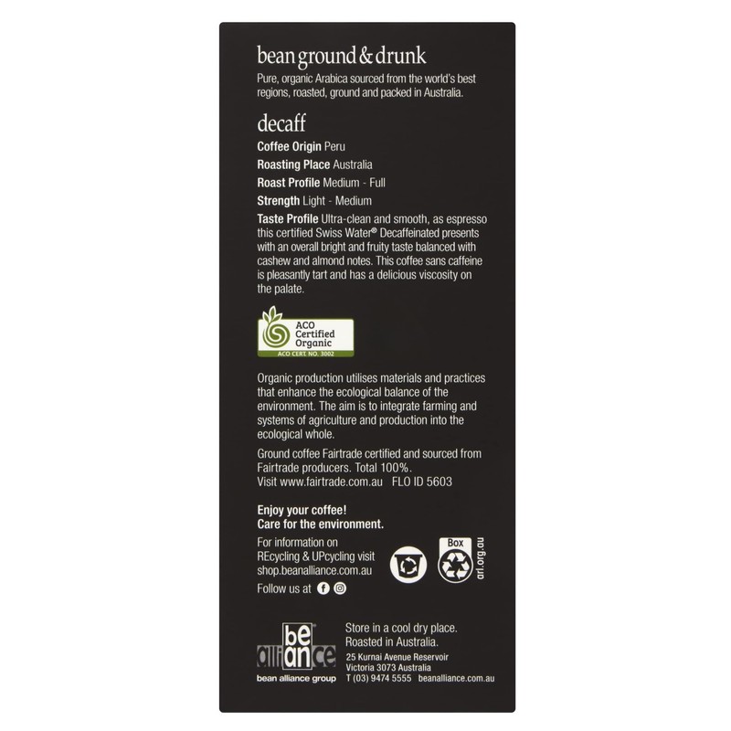 bean ground & drunk carton Organic Fairtrade Coffee Classic 60