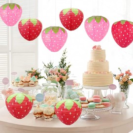 Magnoloran 8Pcs 3D Red and Pink Strawberry Paper Lantern Strawberry Lantern Decorations Hanging Paper Lantern Strawberry Hanging Ornament for Room Birthday Party Wedding Garden Decor-8 inch