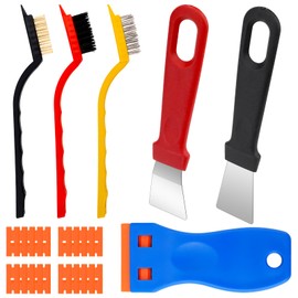 Cleaning Scraper Tool Non Scratch, 1Pcs Plastic Scraper with 20 Plastic Blades, 2Pcs Oven Scraper Tool and 3Pcs Brass Nylon Brush for Removing Label Wall Paper and Stove Pan Kitchen Cleaning