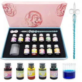 ASXMA Calligraphy Dip Pen Set - 12 Colorful Inks, Glass Pen Holder, Glass, Crystal Pen for Art Writing, Drawing, Signatures, Decoration,Holiday Gift Set Calligraphy Beginners