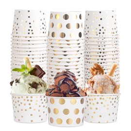 AimFun - 60 tazas de postre doradas, 226 ml, desechables de papel para helado para envases de alimentos calientes o fríos, suministros para fiestas de cumpleaños, Navidad