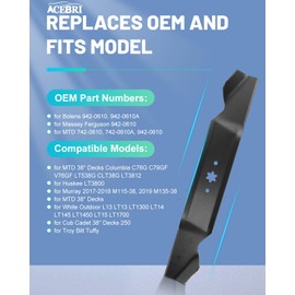 ACEBRI Mower Blades 38 inch Blades for Bolens for Massey Ferguson for MTD for Troy-Bilt 942-0610, 942-0610A, 742-0610 for Murray 38 inch Mower Blades LT3800 LT1300 LT1450 LT1700 Mower Blades, 2Pack