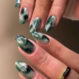 MERVF Almond Press on Nails Medium Fake Nails Dark Green Marble Stiletto Glue on Nails Press ons with Ink Design French Tip Acrylic Nails 24pcs Glossy