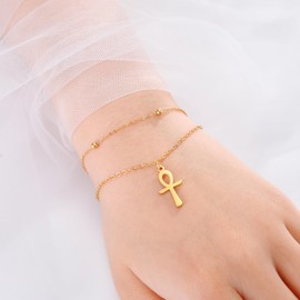 UNIFT Ankh Cross Bracelet Ankle For Women Stainless Steel Egyptian Key Of Life Cross Bracelet Ankle Fashion Charm Ankh Amulet Jewelry (gold 1, Stainless Steel)