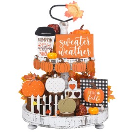 Sumind 15 Pcs Fall Tiered Tray Decor Set Hello Fall Decor Autumn Wood Signs Thanksgiving Orange Brown Table Signs Farmhouse Wooden Maple Pumpkin Gnomes Tabletop for Festival Home Decor(Pumpkin)