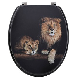 18-Inch Black Elongated Toilet Seat With Lion And Lioness Print