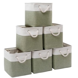 Cube Storage Bins, Collapsible Fabric Storage Cubes Bins, 11 Inch Cube Storage Bins with Handles, Foldable Storage Cubes (White/ Green, 6Pack)