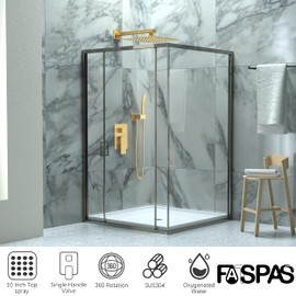 Fatspas 10 Inch Shower Faucet Set, Rainfall Shower System with Square Fixed Rain Shower Head and High Pressure Handheld Shower Head, Wall Mounted Rainfall Shower Fixtures, Brushed Gold