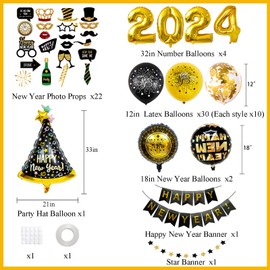 61PCS Happy New Year Decorations 2024 Kit, Black and Gold New Years Eve Party Supplies 2024 Set with Happy New Year Banner and Party Hat Balloons for New Years Eve Backdrop