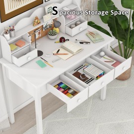 FUNKOCO White Writing Desk with Hutch and Drawers, 36 Inch Home Office Desk with Charge Station, Computer Work Station with Storage Shelf