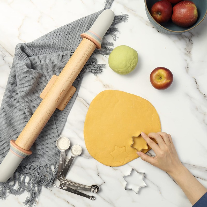 Geesta Adjustable Wood Rolling Pin with 5 Thickness Rings, Precise