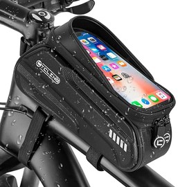 AUTOWT Bolsa para Cuadro Frontal de Bicicleta, 1,5 L Accesorios Impermeables Bicicleta Bolsa para Reflectante Tubo Superior 3D Pantalla Táctil TPU Sensible para Teléfono Menos de 6,7" (Negro-C)