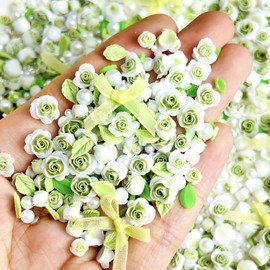 DANNEASY 3D Flower Nail Charms Floral Resin Nail Charm Silk Bow Leaf Rose Flowers Nail Art Charms Pearls Flower Charms for Nails Design Resin Accessories Nail Decorations for Nail Art (Green)