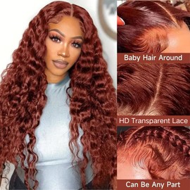 AAKJJ Deep Wave Lace Front Wigs Human Hair Reddish Brown 13x4 HD Lace Frontal Copper Auburn Wig Pre-Plucked with Baby Hair 200% Density for Women 34 Inch