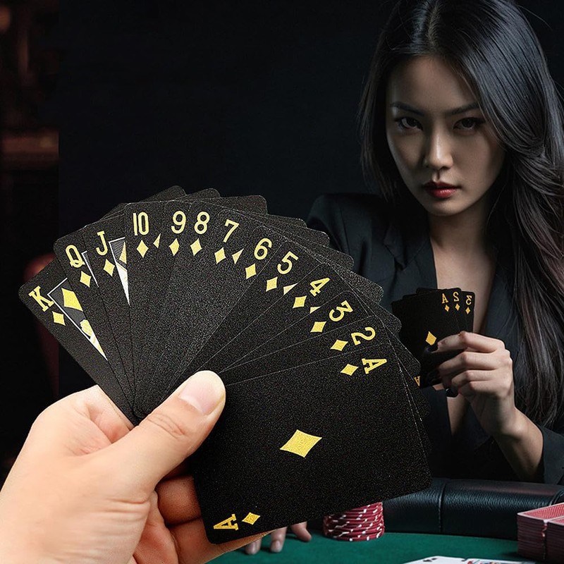 QUANTALY 54 Pcs Plastic Magic Playing Cards Black Gold Waterproof