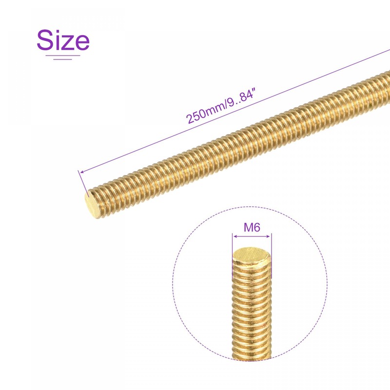 sourcing map M6 x 250mm Fully Thread Rod Brass Threads