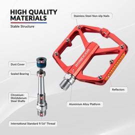 ROCKBROS Bicycle Pedals with Reflectors Platform Pedals Made of Aluminium Alloy Non-Slip Ultralight 9/16 Inch Bicycle Pedals for MTB, Road Bike, BMX, E-Bike, Red